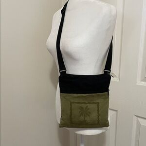Palm Tree Embossed Black and Olive Suede Material Shoulder Bag
